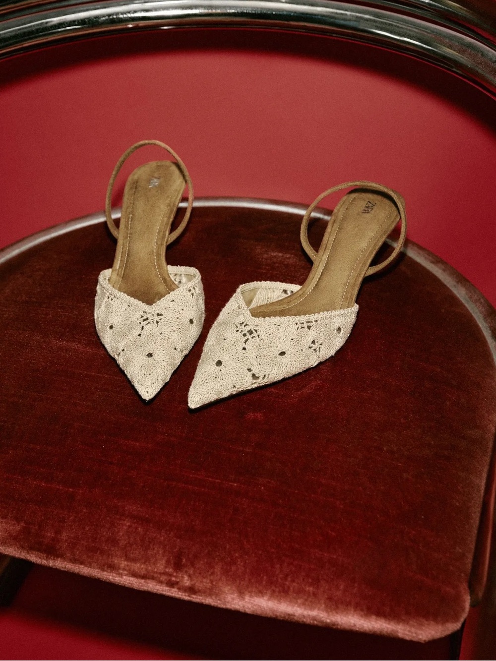 Zara Cream Embroidered Pointed Slingback Heels